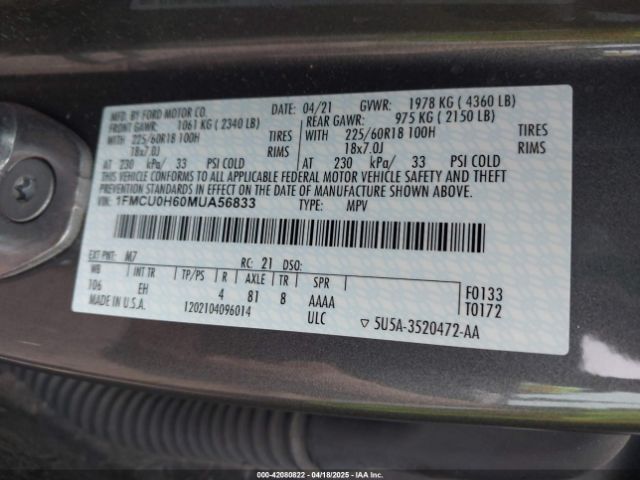 2021 FORD ESCAPE 1FMCU0H60MUA56833 Photo 8