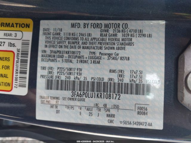 3FA6P0LU1KR108172 Ford Fusion Hybrid Se