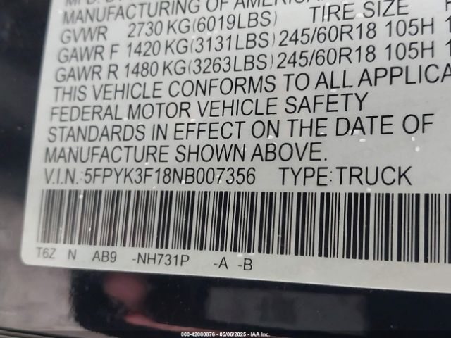 5FPYK3F18NB007356 Honda Ridgeline Sport