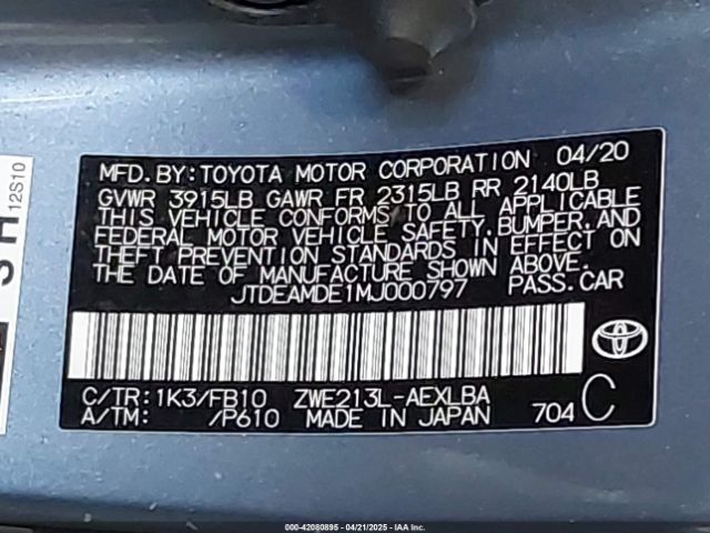JTDEAMDE1MJ000797 Toyota Corolla Hybrid Le