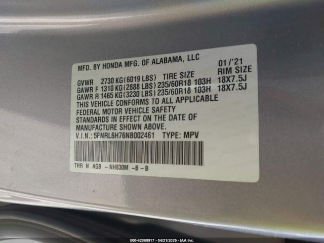 5FNRL6H76NB002461 Honda Odyssey Ex-l