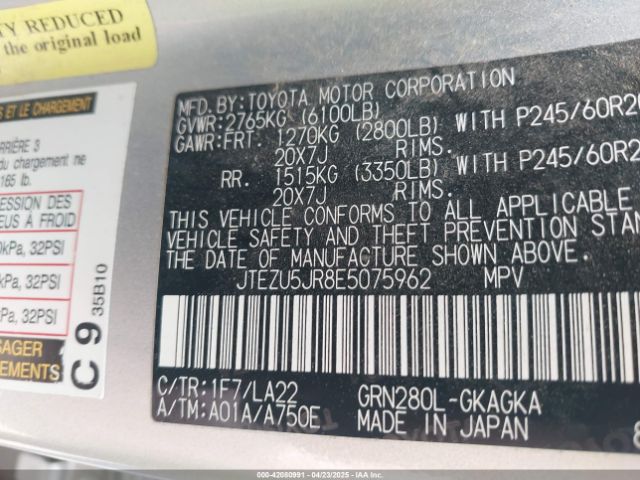 JTEZU5JR8E5075962 Toyota 4runner Limited