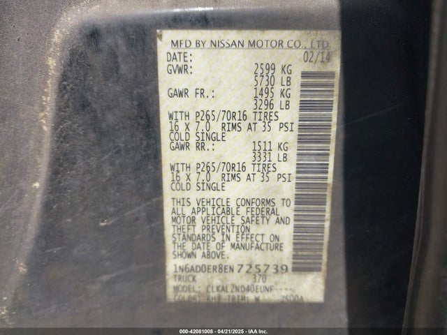 1N6AD0ER8EN725739 Nissan Frontier Sv