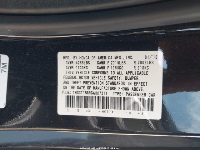 1HGCT1B89GA007211 Honda Accord Ex-l