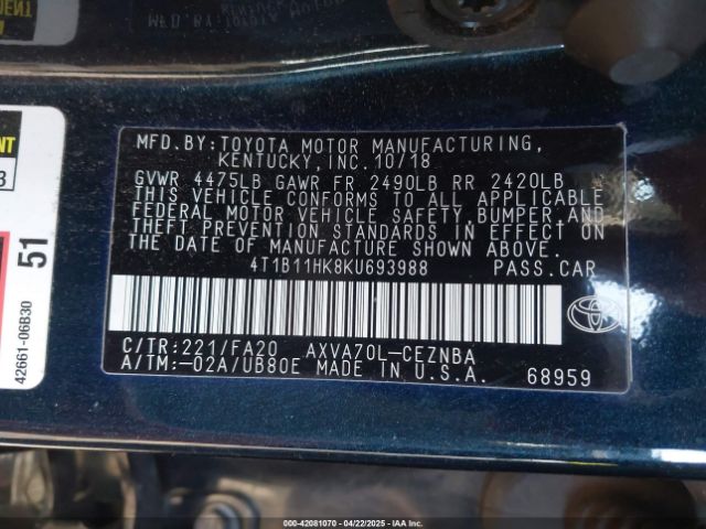 4T1B11HK8KU693988 Toyota CAMRY LE