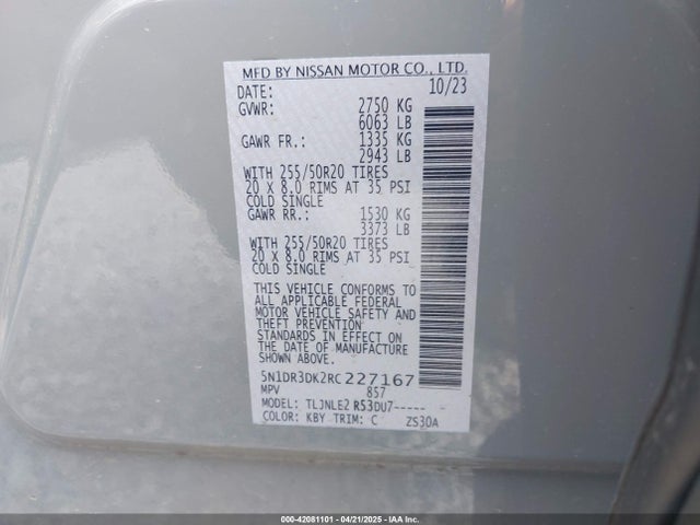 Продажа на аукционе авто 2024 Nissan Pathfinder Platinum 4wd, vin: 5N1DR3DK2RC227167, номер лота: 42081101