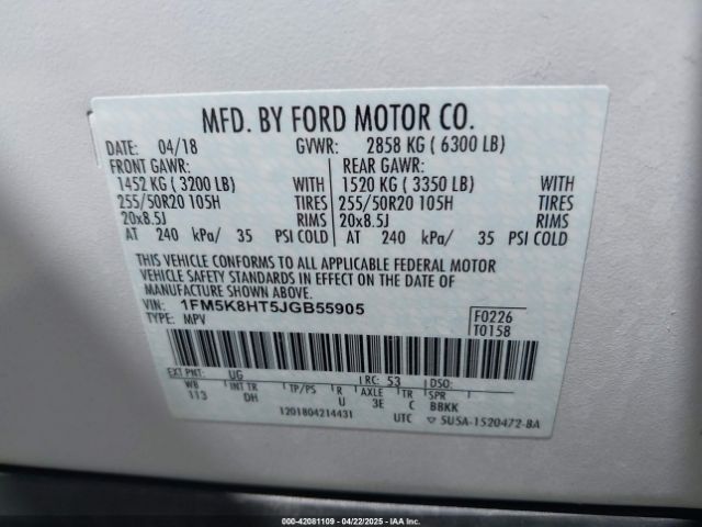 1FM5K8HT5JGB55905 Ford Explorer Platinum