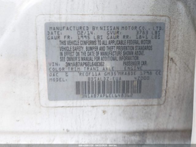 3N1AB7AP6EL648362 Nissan Sentra Fe+ S/fe+ Sv/s/sl/sr/sv