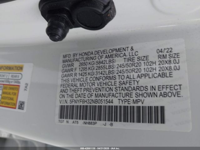 5FNYF6H32NB051544 Honda Pilot Awd Sport