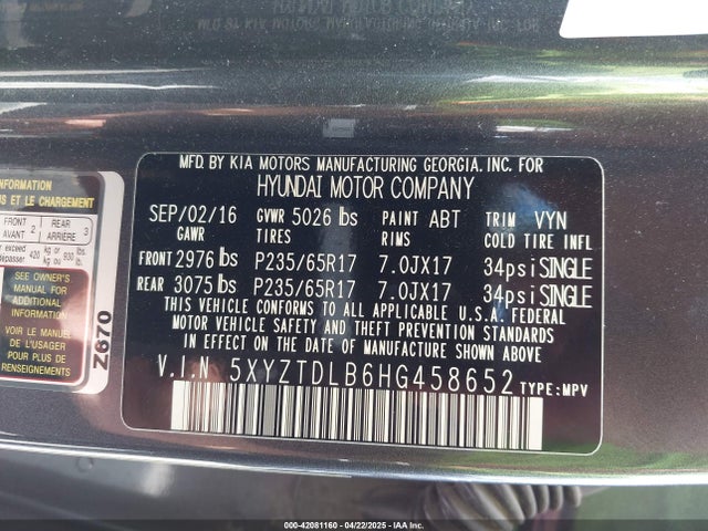 5XYZTDLB6HG458652 Hyundai Santa Fe Sport 2.4l
