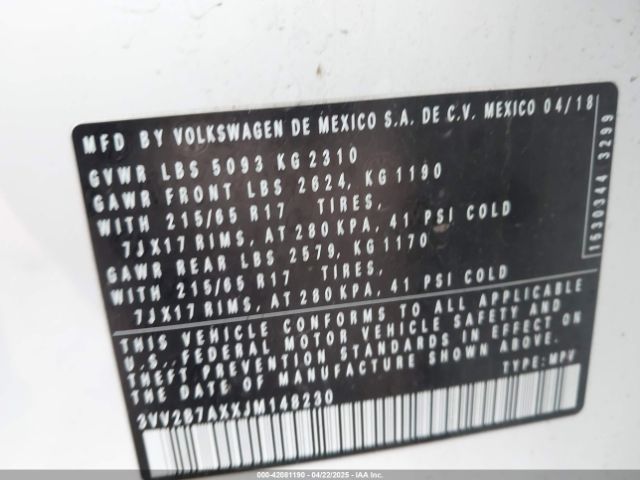 3VV2B7AXXJM148230 Volkswagen Tiguan 2.0t Se/2.0t Sel