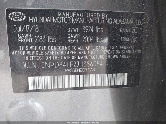 5NPD84LF2JH386054 Hyundai ELANTRA SEL