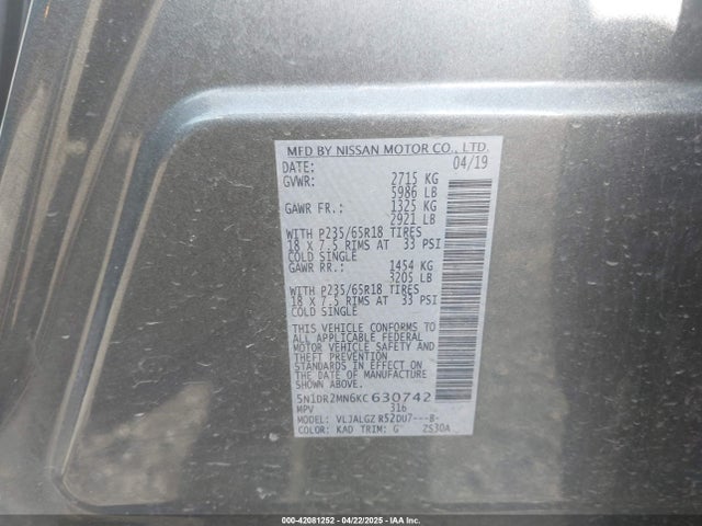 5N1DR2MN6KC630742 Nissan Pathfinder Sl