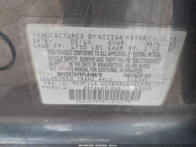 3N1CN7AP8FL816679 Nissan Versa 1.6 S+