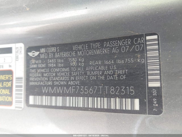2007 MINI COOPER S WMWMF73567TT82315 Photo 8