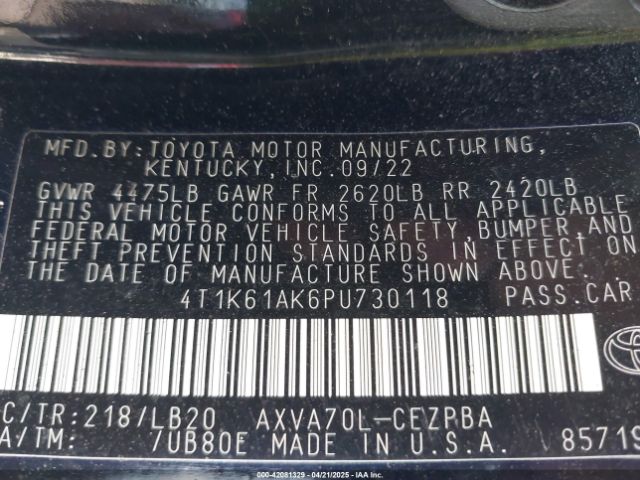 4T1K61AK6PU730118 Toyota CAMRY XSE