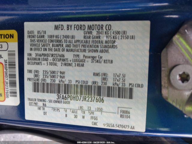 3FA6P0HD7JR237606 Ford FUSION SE
