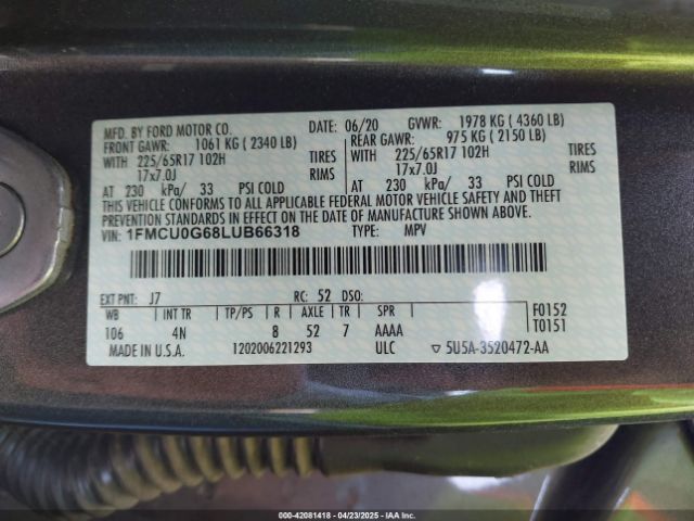 1FMCU0G68LUB66318 Ford ESCAPE SE