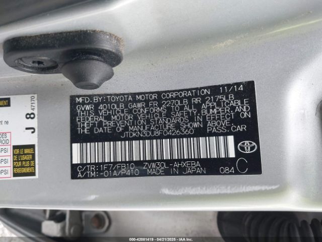 JTDKN3DU8F0426360 Toyota Prius Two