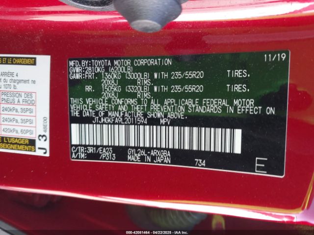 JTJHGKFA9L2011594 Lexus Rx 450hl