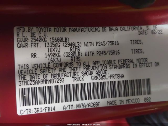 3TMCZ5AN9NM487293 Toyota Tacoma Sr V6