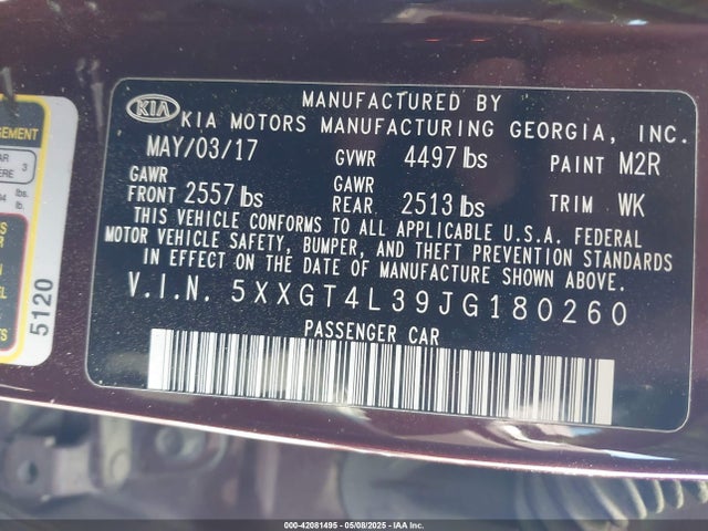 5XXGT4L39JG180260 KIA Optima Lx