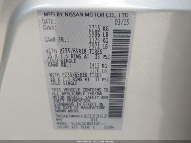 5N1AR2MM4FC652352 Nissan Pathfinder Sl