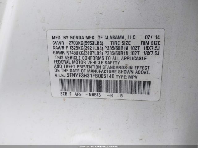 5FNYF3H31FB005140 Honda PILOT SE