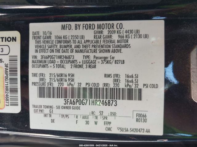 3FA6P0G71HR246873 Ford FUSION S