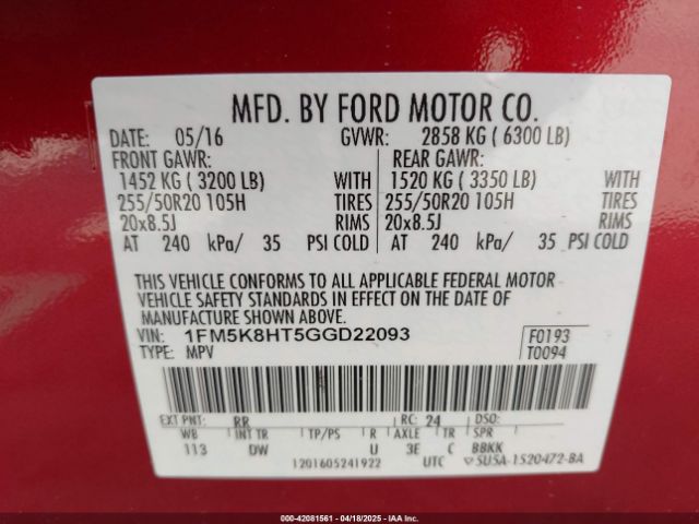 1FM5K8HT5GGD22093 Ford Explorer Platinum