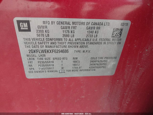 GMC Terrain Sle-2 2015 2GKFLWEKXF6294686 Image 9