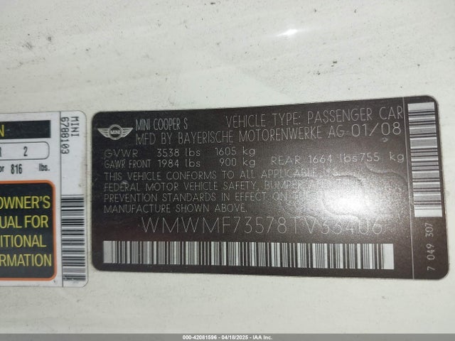 2008 MINI COOPER S WMWMF73578TV33406 Photo 8
