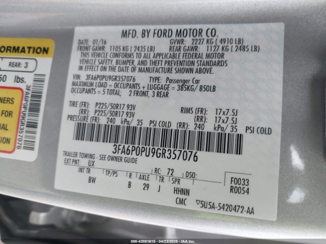 3FA6P0PU9GR357076 Ford Fusion Energi Se Luxury