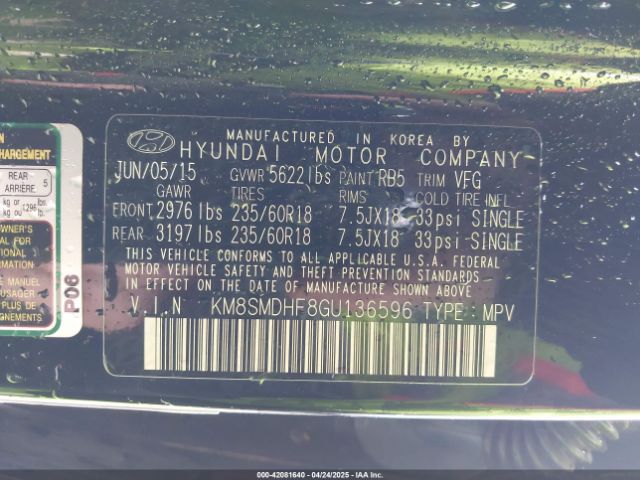 KM8SMDHF8GU136596 Hyundai Santa Fe Se