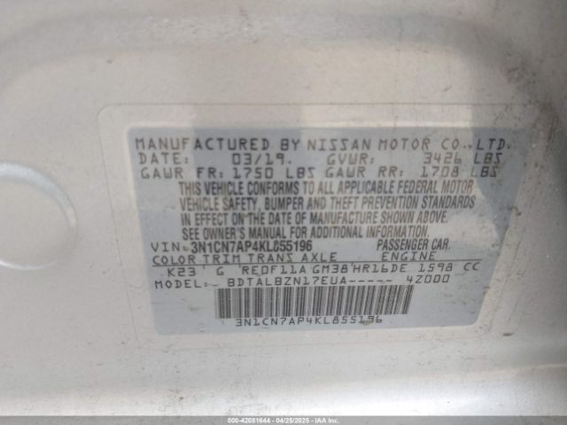 3N1CN7AP4KL855196 Nissan Versa 1.6 Sv