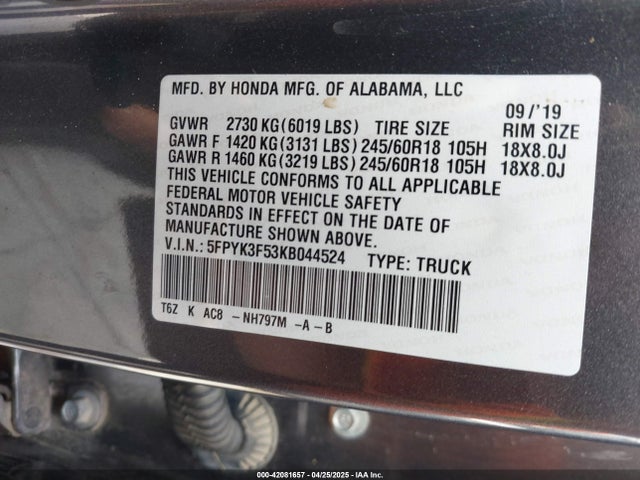 5FPYK3F53KB044524 Honda Ridgeline Rtl