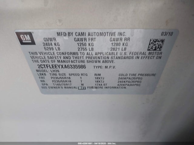 42081681 :رقم المزاد ، 2CTFLEEYXA6335986 vin ، 2010 Gmc Terrain Sle-2 مزاد بيع