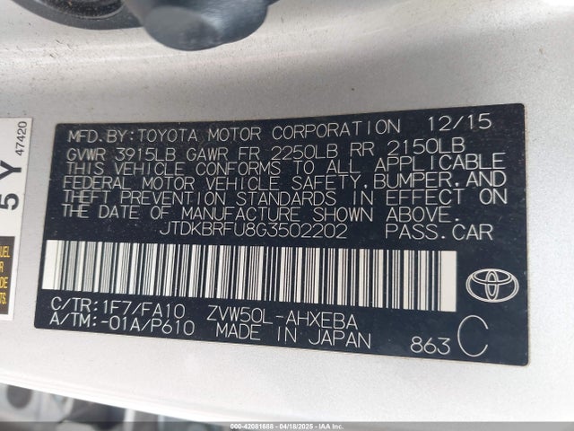 JTDKBRFU8G3502202 Toyota Prius Two