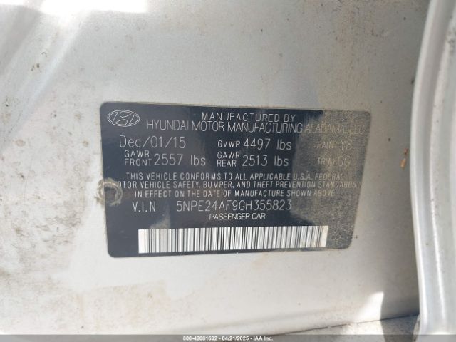 5NPE24AF9GH355823 Hyundai SONATA SE