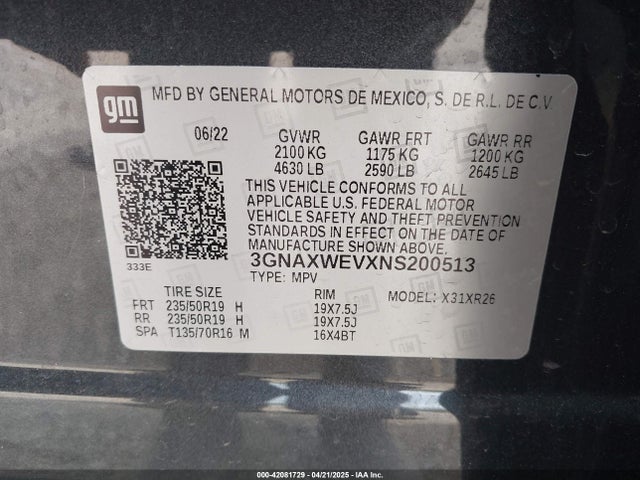 3GNAXWEVXNS200513 Chevrolet Equinox Awd Rs