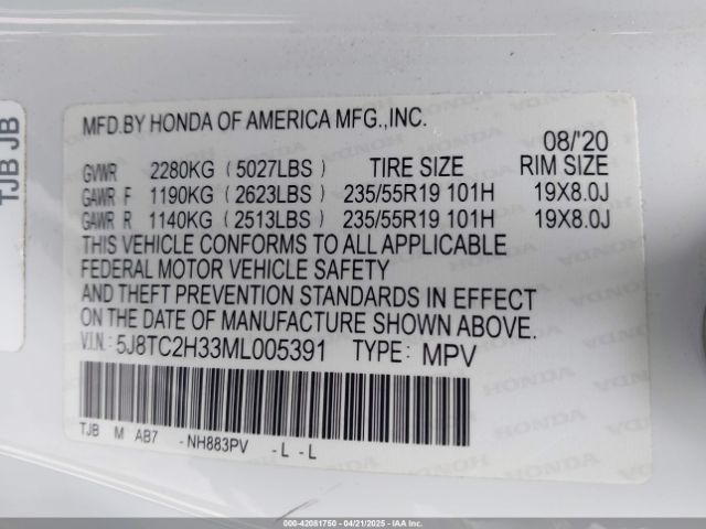 5J8TC2H33ML005391 Acura Rdx Standard