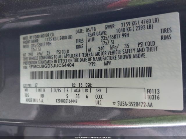 1FMCU9GD3JUC54404 Ford ESCAPE SE