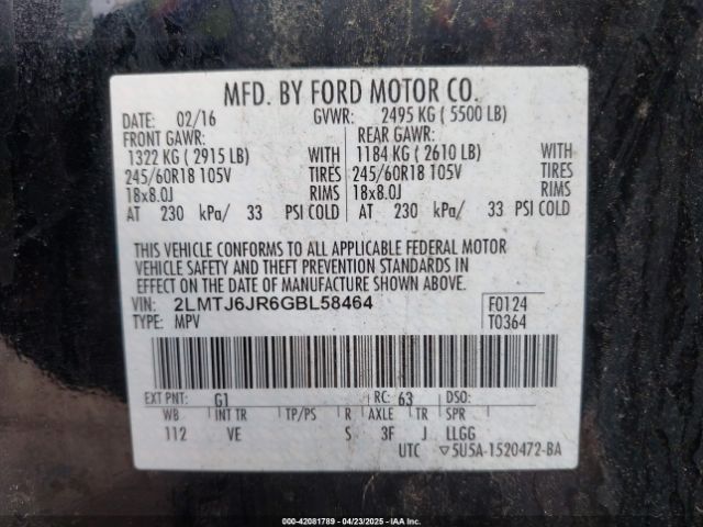 2LMTJ6JR6GBL58464 Lincoln Mkx Premiere