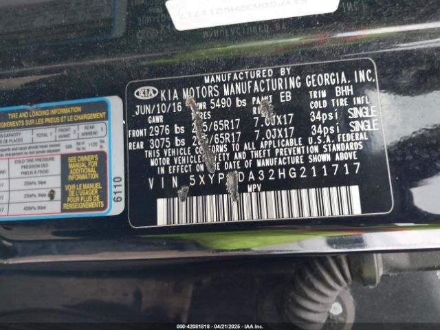 5XYPGDA32HG211717 KIA Sorento 2.4l Lx