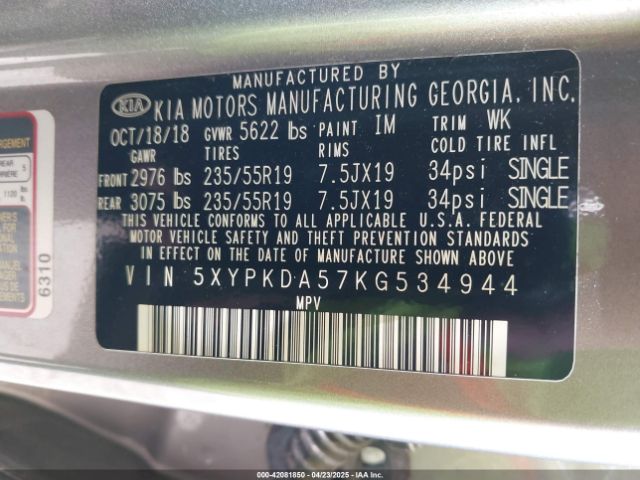 5XYPKDA57KG534944 KIA Sorento 3.3l Sx
