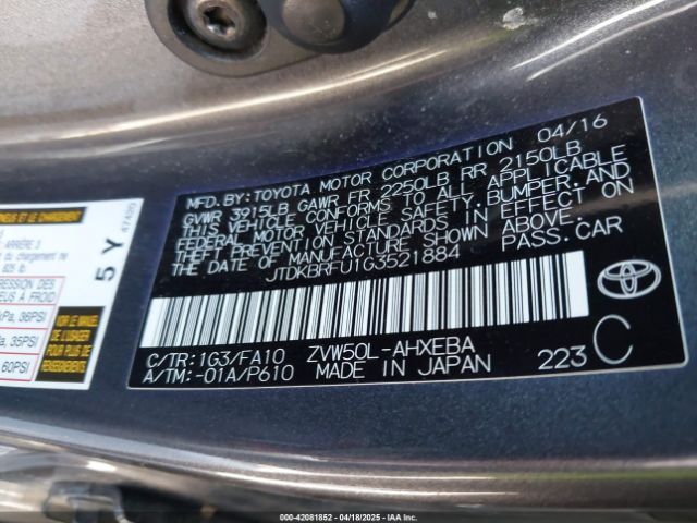 JTDKBRFU1G3521884 Toyota Prius Two
