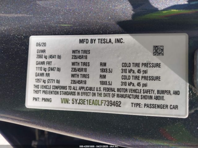 5YJ3E1EA0LF739462 Tesla Model 3 Standard Range Plus Rear-wheel Drive/standard Range Rear-wheel Drive