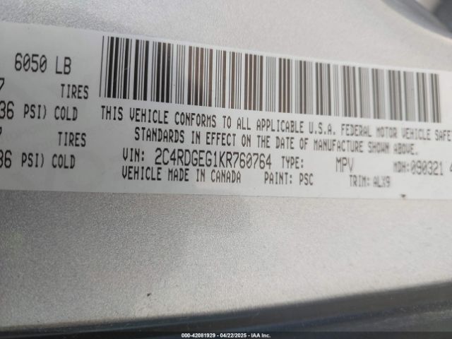 2C4RDGEG1KR760764 Dodge Grand Caravan Gt