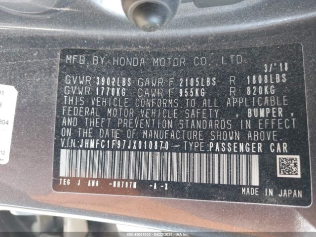2018 HONDA CIVIC JHMFC1F97JX010870 Photo 8