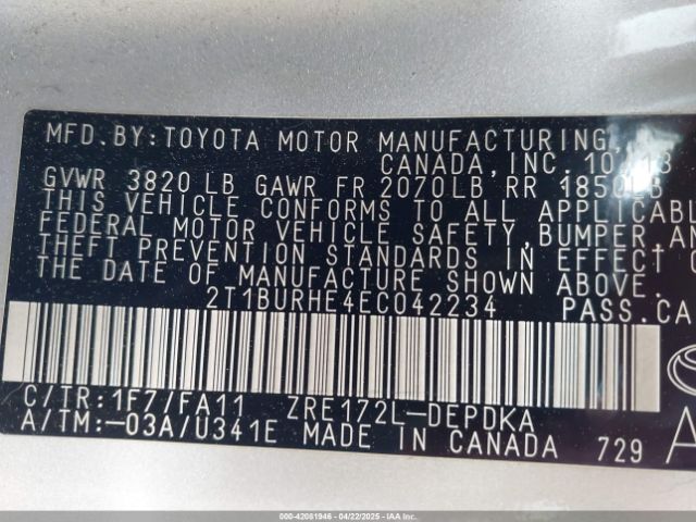 2T1BURHE4EC042234 Toyota COROLLA L